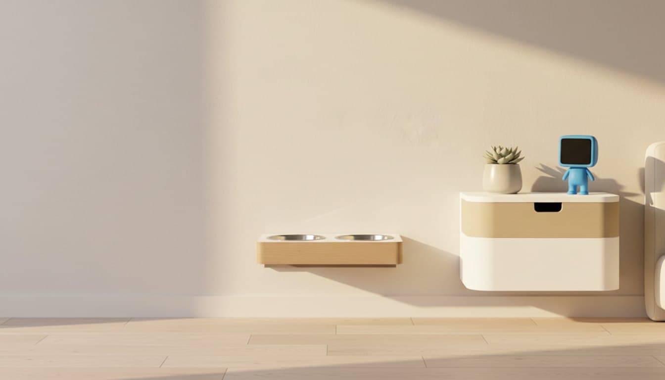 Wall-mounted dog bowl station, floating nightstand and Lil Finder figurine, 3D printed in our workshop, in a bright Scandinavian room