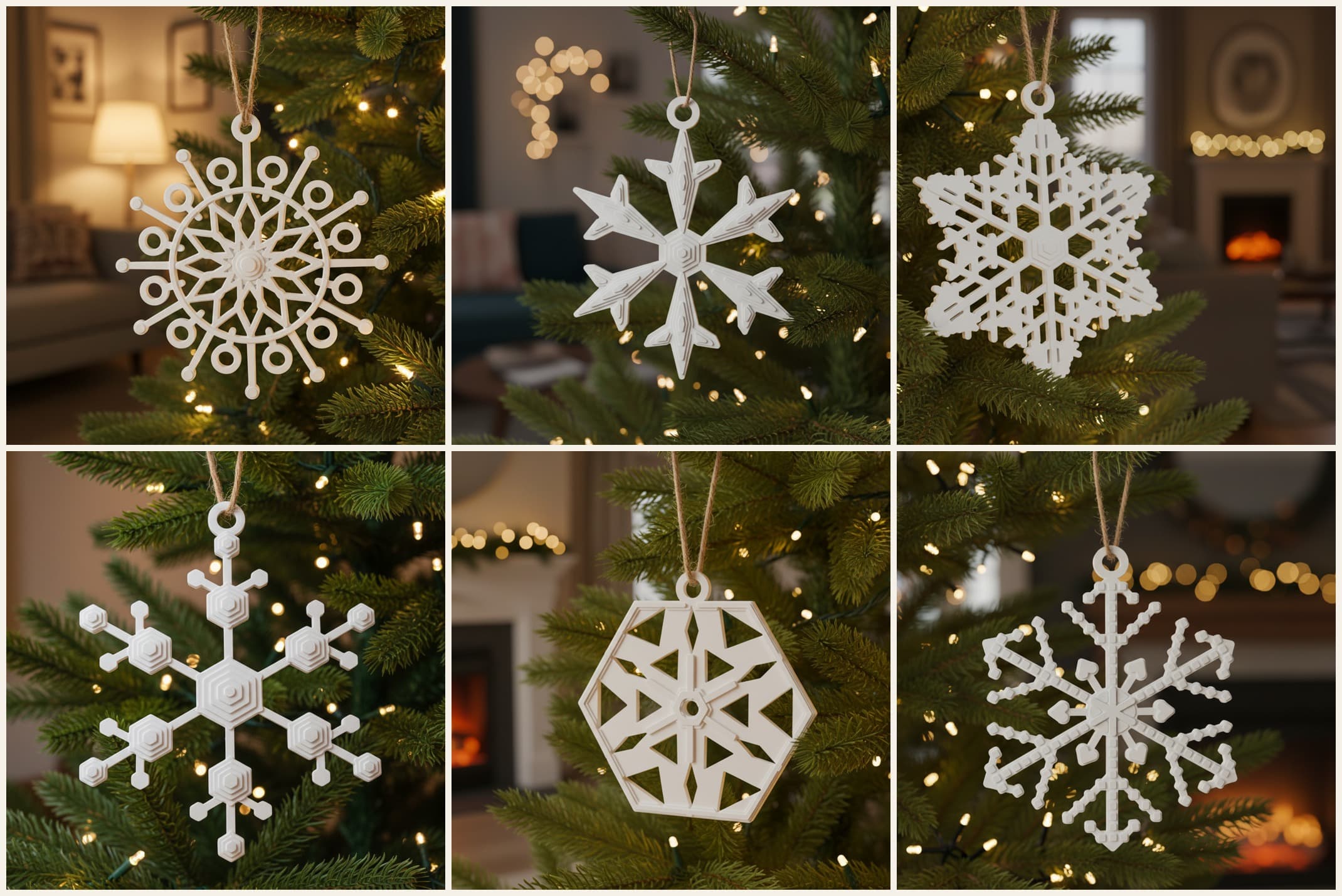 3D Printed Snowflake Ornaments — Set of 6 Unique Designs — photo 1 sur 7