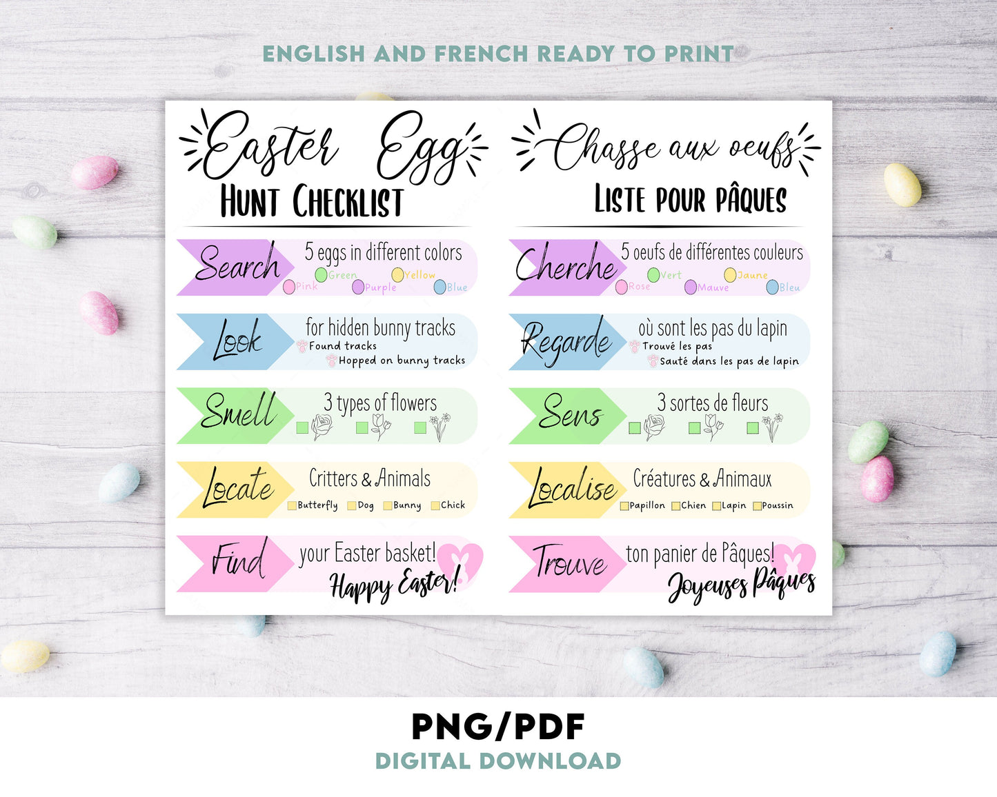 Easter Egg Hunt Checklist - Printable Digital File for Family Fun - English and French